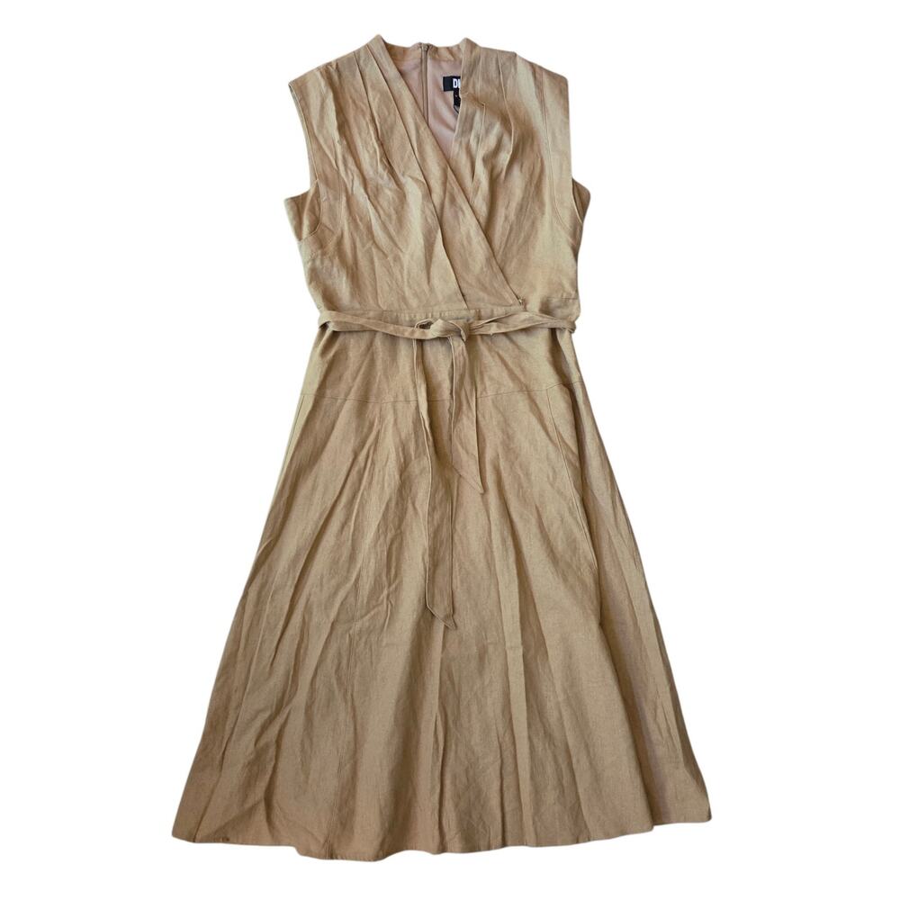 DKNY Linen Blend Dress Beige Midi with Tie Belt Faux Wrap V- Neck sz 10